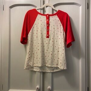 Women's Red Raglan Henley Top with Cream Floral Body